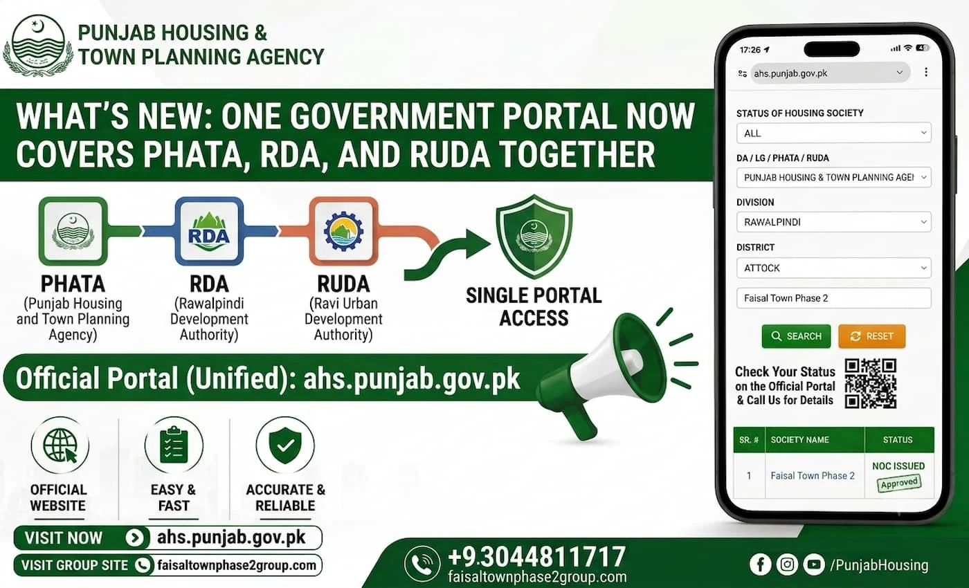 Screenshot of ahs.punjab.gov.pk showing Faisal Town Phase 2 NOC search result