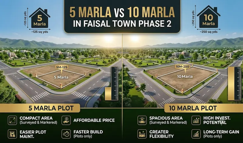 5 Marla vs 10 Marla plot size comparison Faisal Town Phase 2 2026