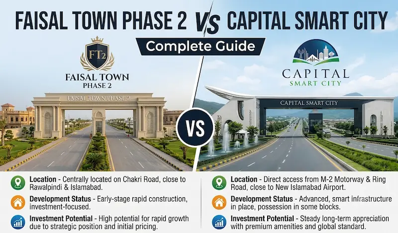 A professional real estate infographic split screen comparing Faisal Town Phase 2 and Capital Smart City for 2026.