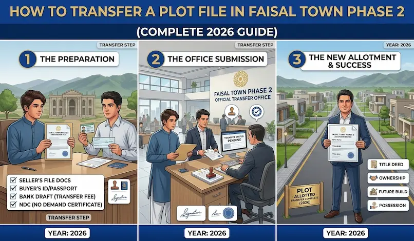 How to transfer a plot file in Faisal Town Phase 2 with required documents and transfer process