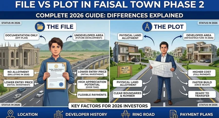 File vs plot comparison in Faisal Town Phase 2 showing entry costs and key differences