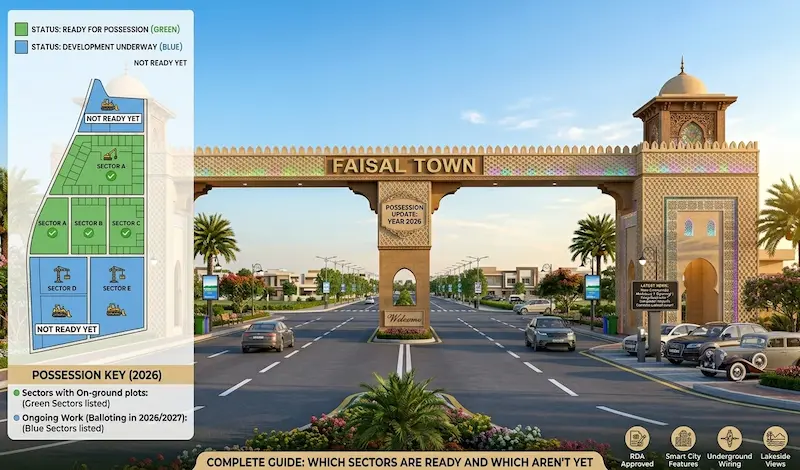 Faisal Town Phase 2 possession update 2026 showing Sector O semi-possession status and sector development progress