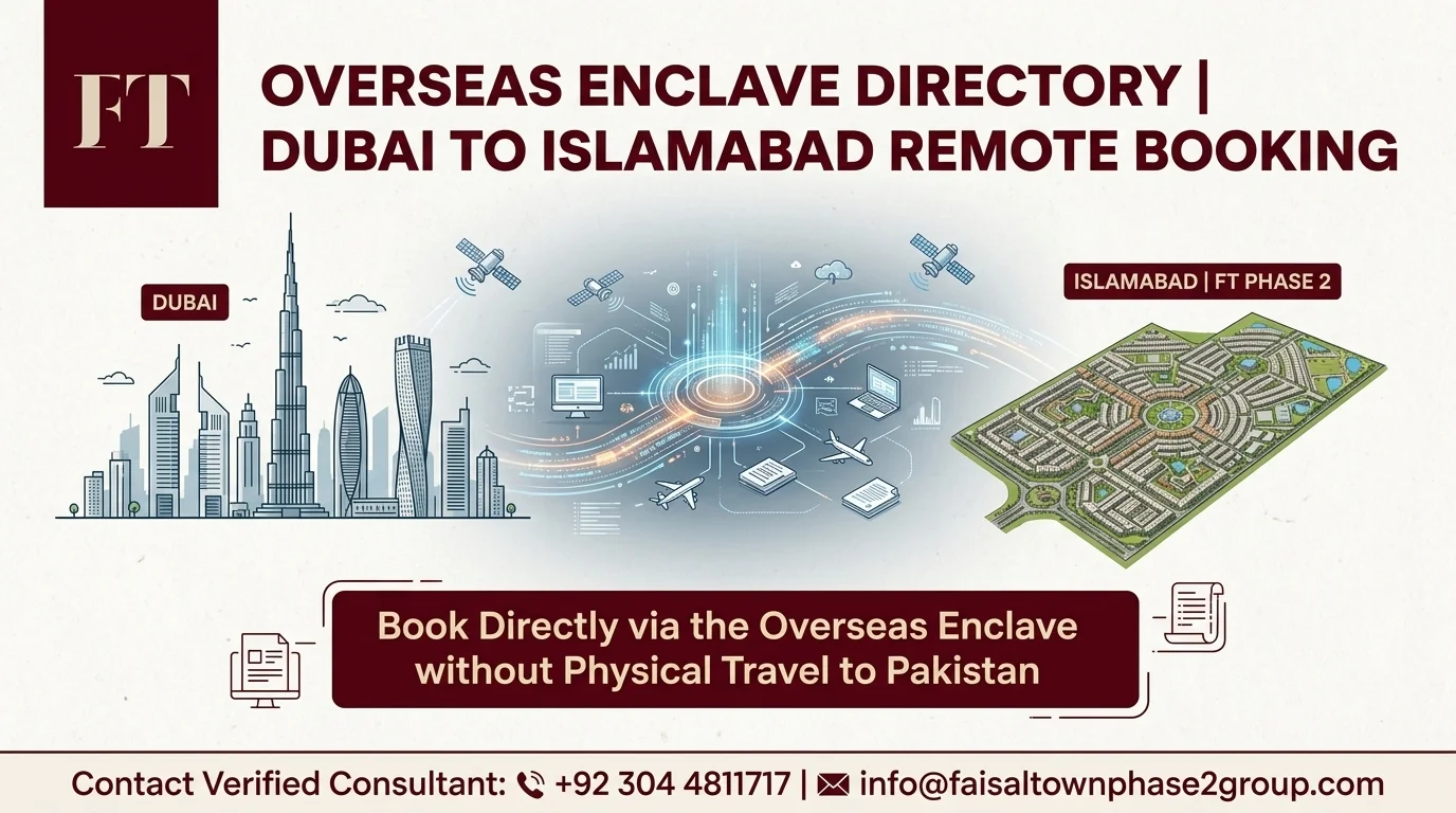 Comprehensive educational infographic detailing remote plot booking steps, consular documentation, and payment verification for Dubai-based expats investing in Pakistan real estate.