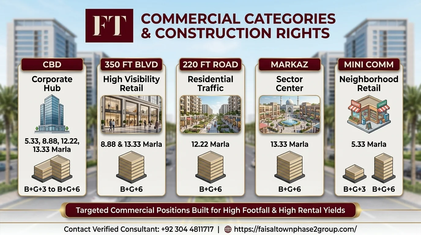 Category matrix showing CBD, 350 Ft Boulevard, 220 Ft Service Road, Markaz, and Mini Commercial plot options in Faisal Town Phase 2.