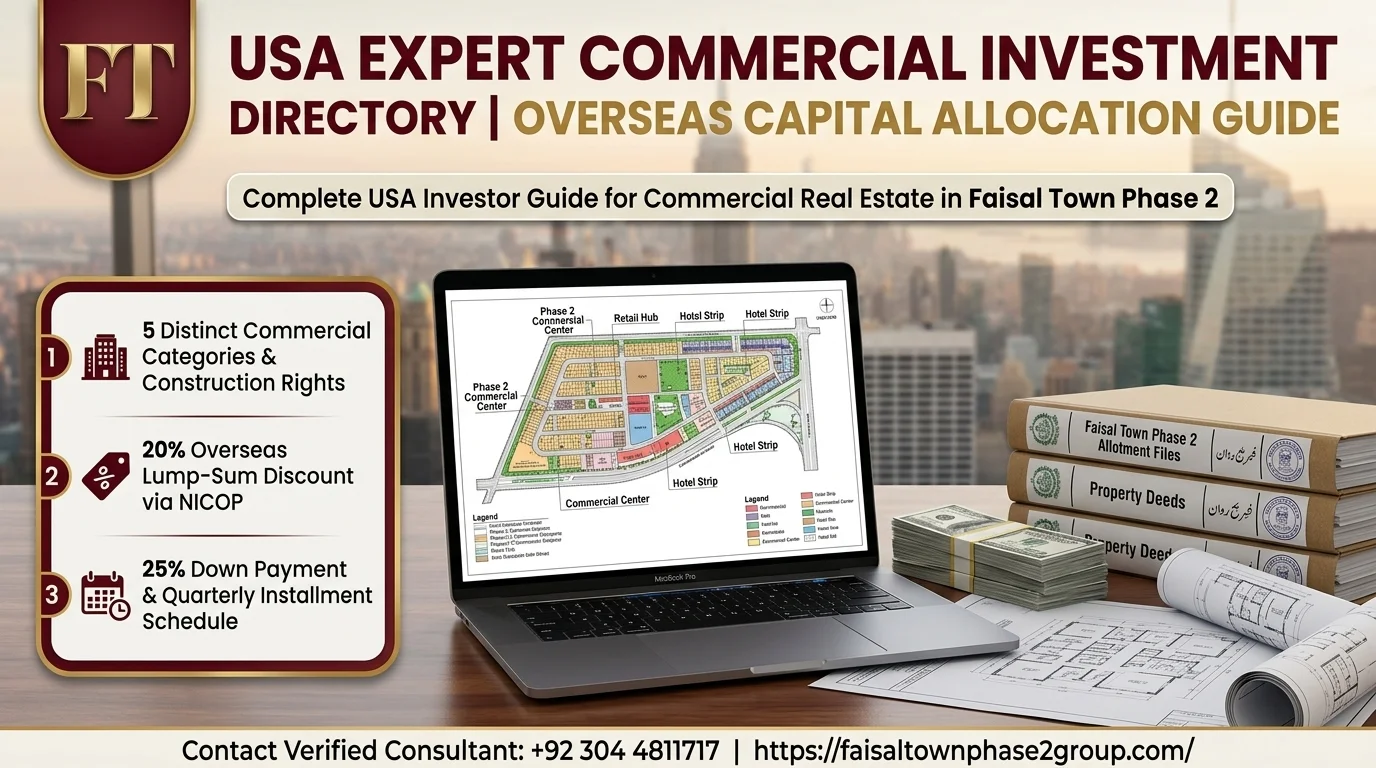Commercial payment plan guide banner for USA investors showing plot categories, USD pricing, and overseas discount options in Faisal Town Phase 2.