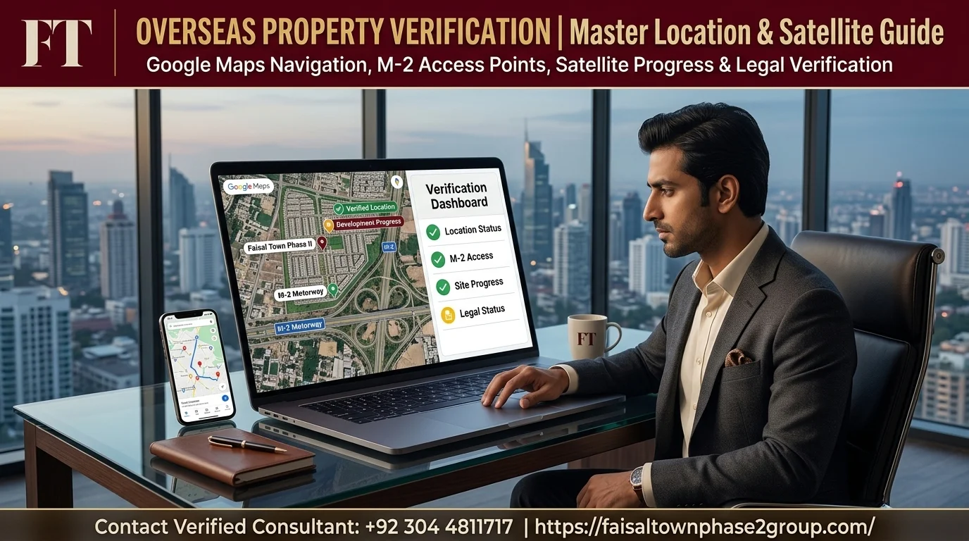 Overseas Pakistani property buyer analyzing Faisal Town Phase 2 location Google Map and satellite imagery on a laptop.