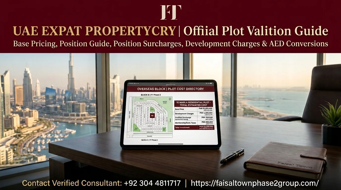 Overseas property cost evaluation banner for UAE Pakistanis displaying currency exchange tools, sector master plans, and plot pricing schedules.