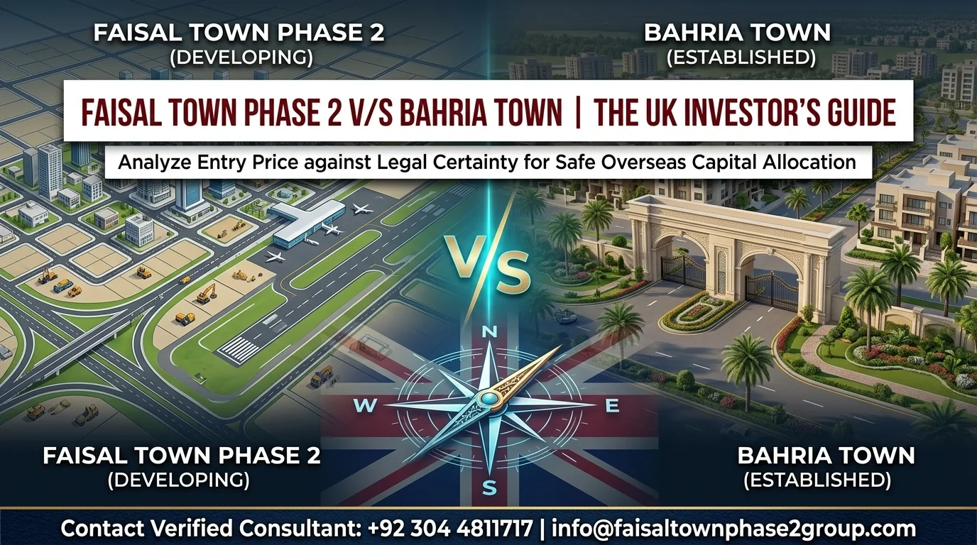 Comparative real estate investment guide banner contrasting Faisal Town Phase 2 with Bahria Town for UK Pakistani investors.