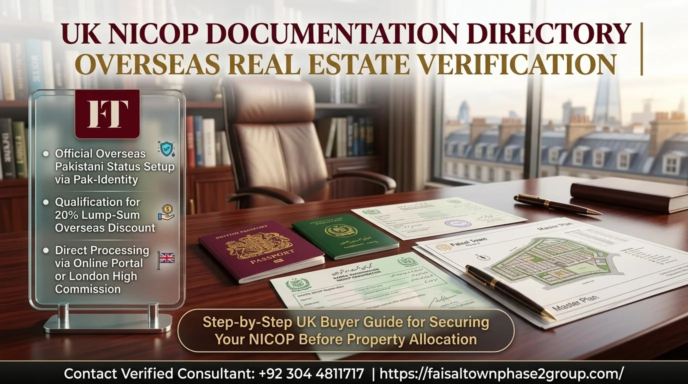Complete UK expat guide banner showing NADRA NICOP process, Pakistani passport, and overseas property allotment details for Faisal Town Phase 2.