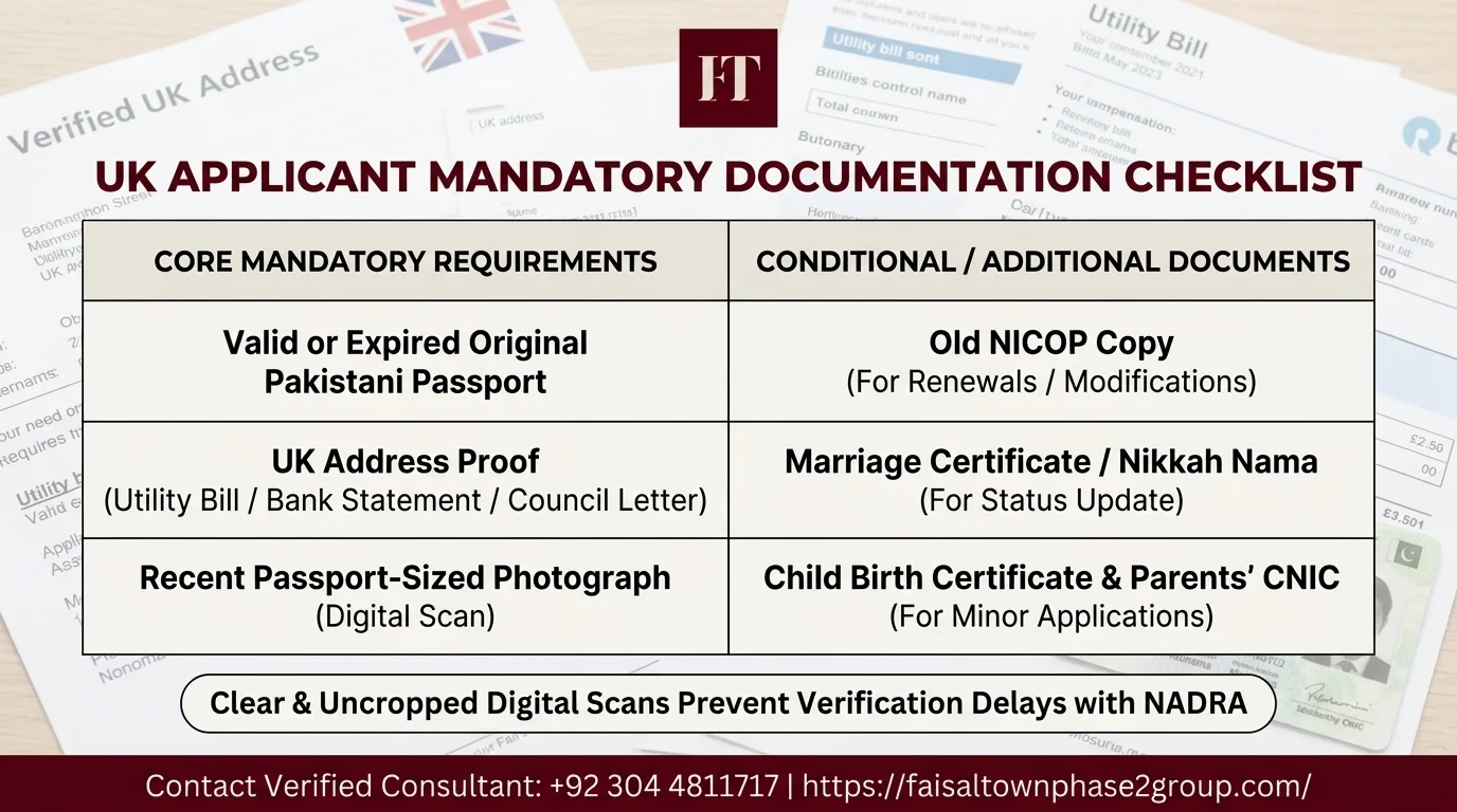 Complete document checklist for UK-based applicants applying for a NICOP including passports, address proof, and photographs.
