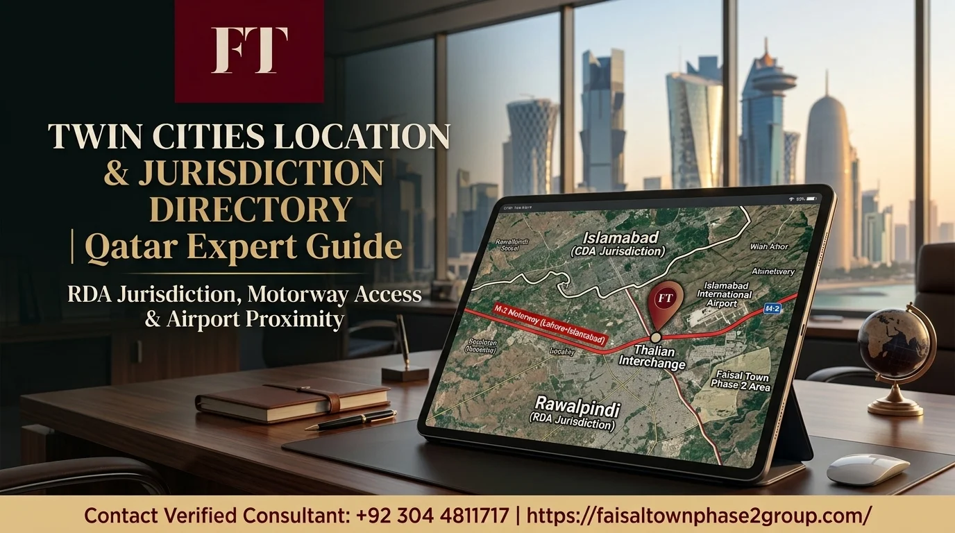 Overseas property location and administrative jurisdiction guide banner for Qatar buyers comparing Rawalpindi RDA regulatory status against Islamabad marketing context.