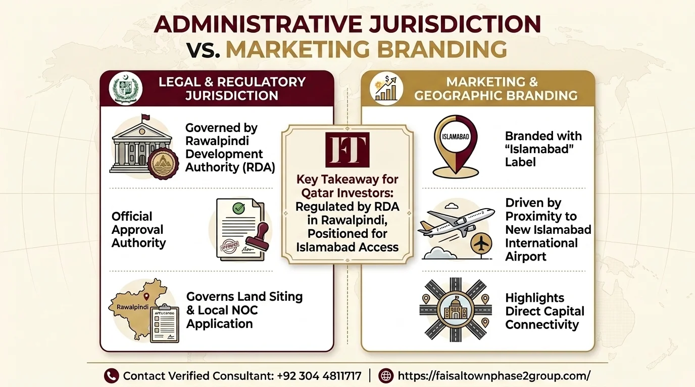 Comparative breakdown showing RDA legal jurisdiction in Rawalpindi versus Islamabad geographic branding for overseas investors.