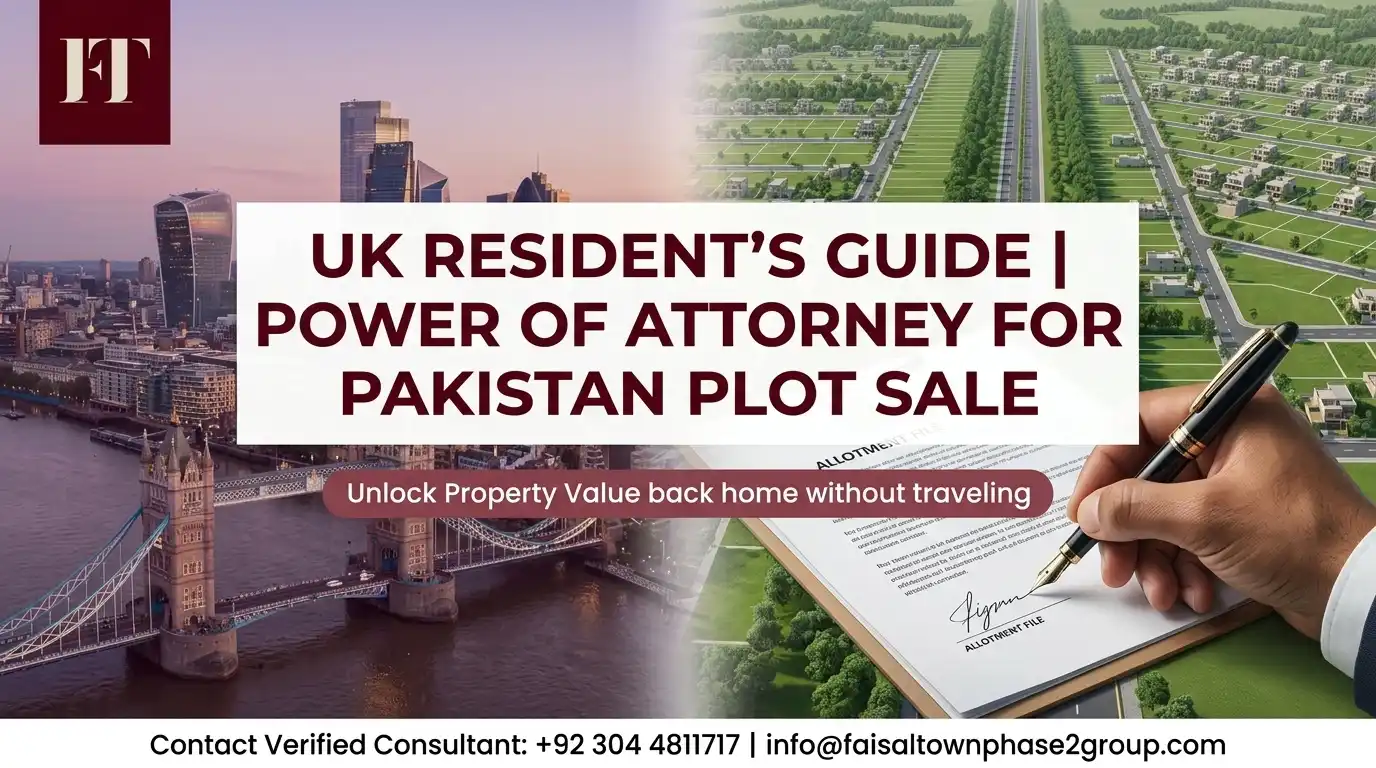 Comparative visual infographic linking the UK (London skyline) to Pakistan (housing development and a signature) for property sale POA.