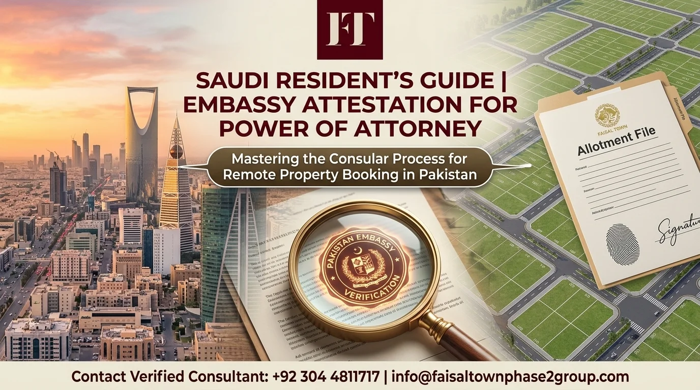 Conceptual graphic bridging Saudi Arabia and Pakistan real estate booking for overseas buyers.