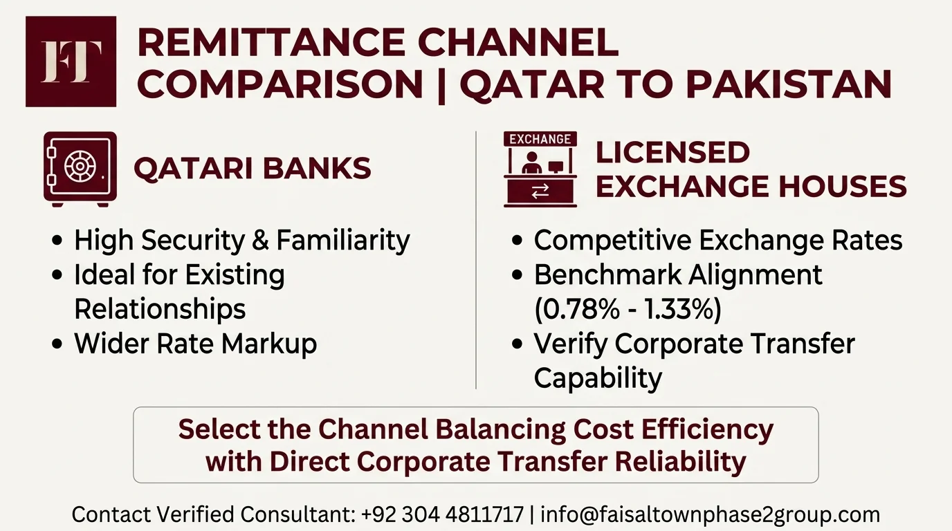 Infographic comparing Qatari Banks vs. Licensed Exchange Houses for plot booking remittances.