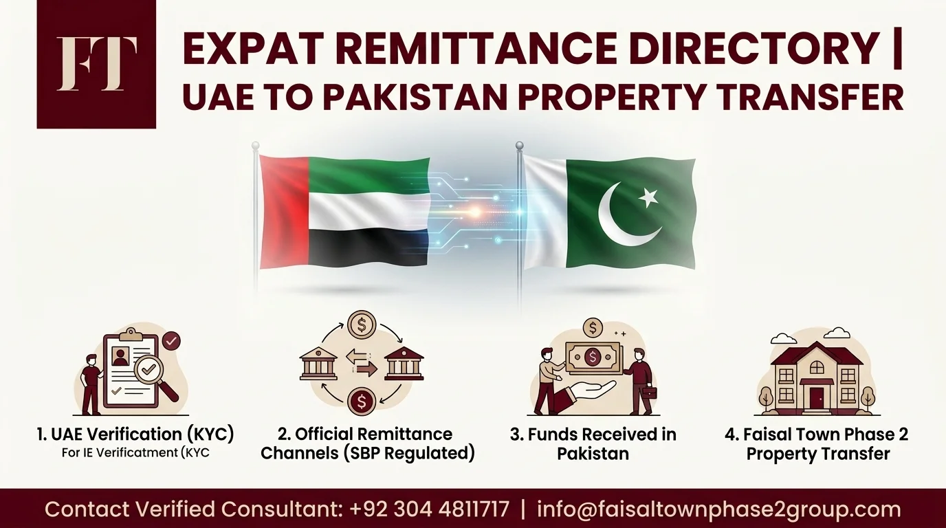 Comprehensive visual banner detailing UAE to Pakistan legal remittance channels, banking verification, and compliance for plot booking in Faisal Town Phase 2, featuring the FT logo.
