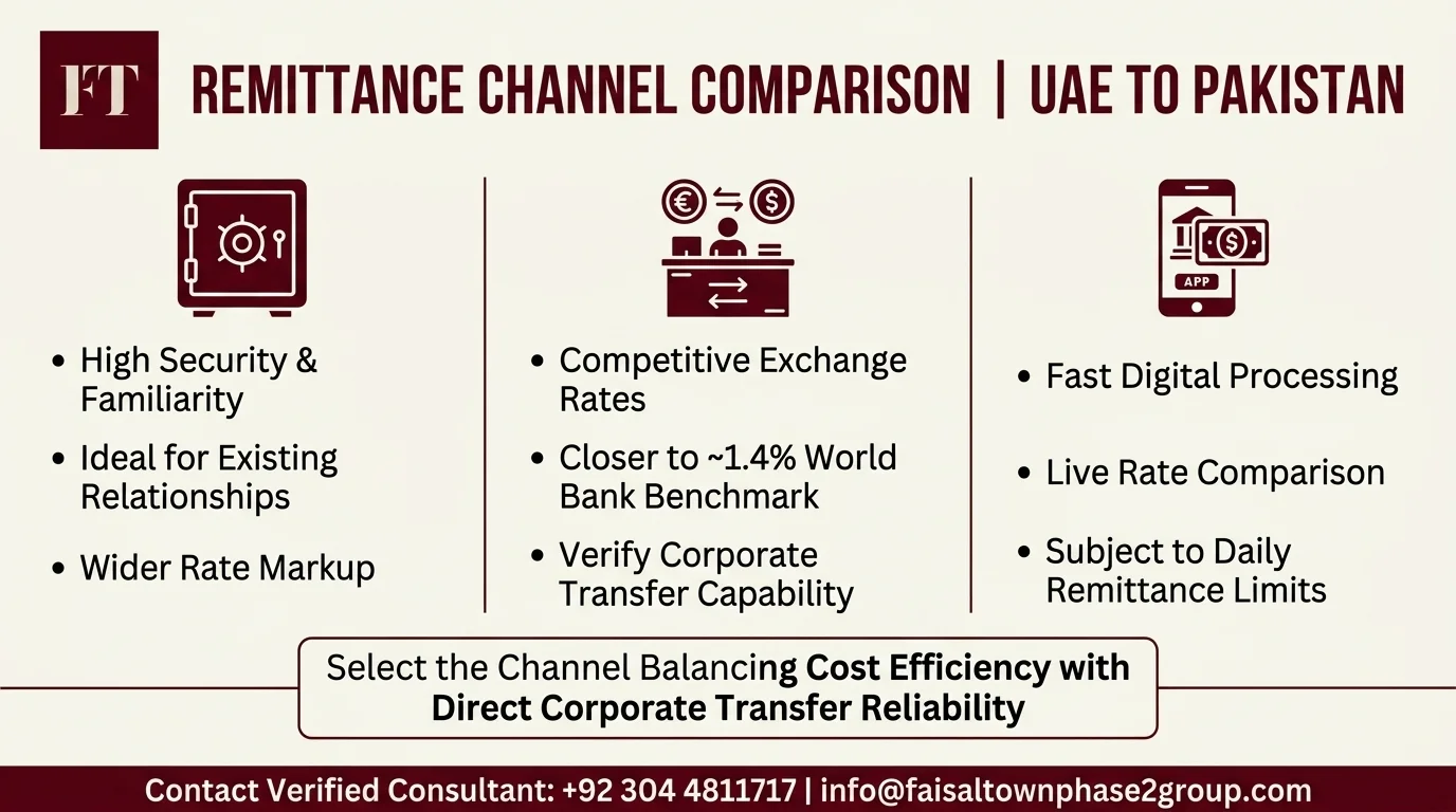 Infographic comparing UAE Banks, Licensed Exchange Houses, and Regulated Transfer Apps for plot booking remittances.